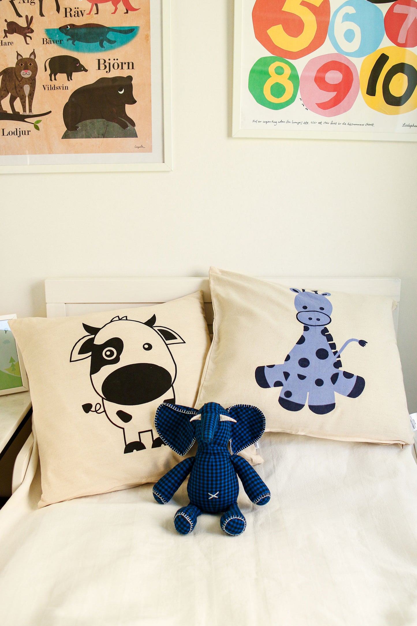 Dotty Giraffe Cushion Cover - Blue - Organic White