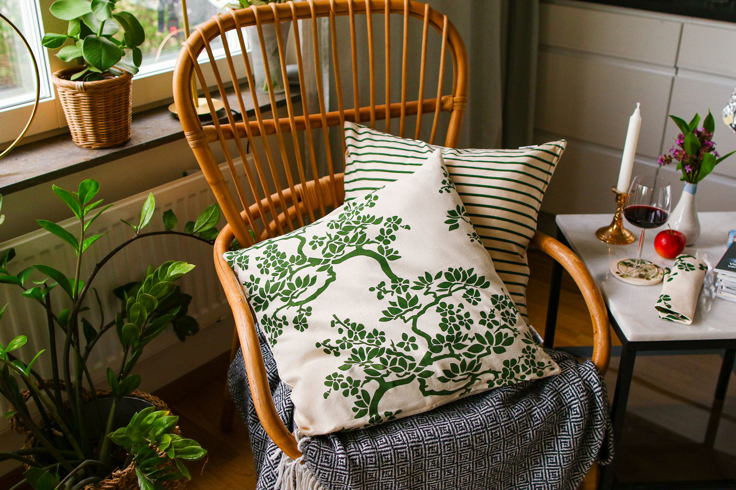 Tree Branches Cushion Cover - Dark Green - Organic White