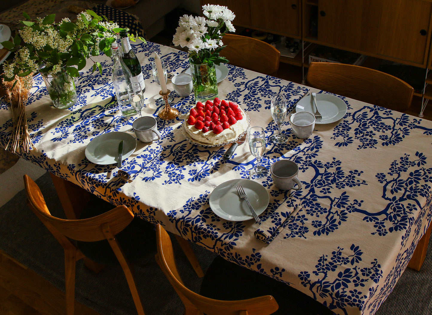 Tree Branches Table Cover - Navy Blue - Organic White