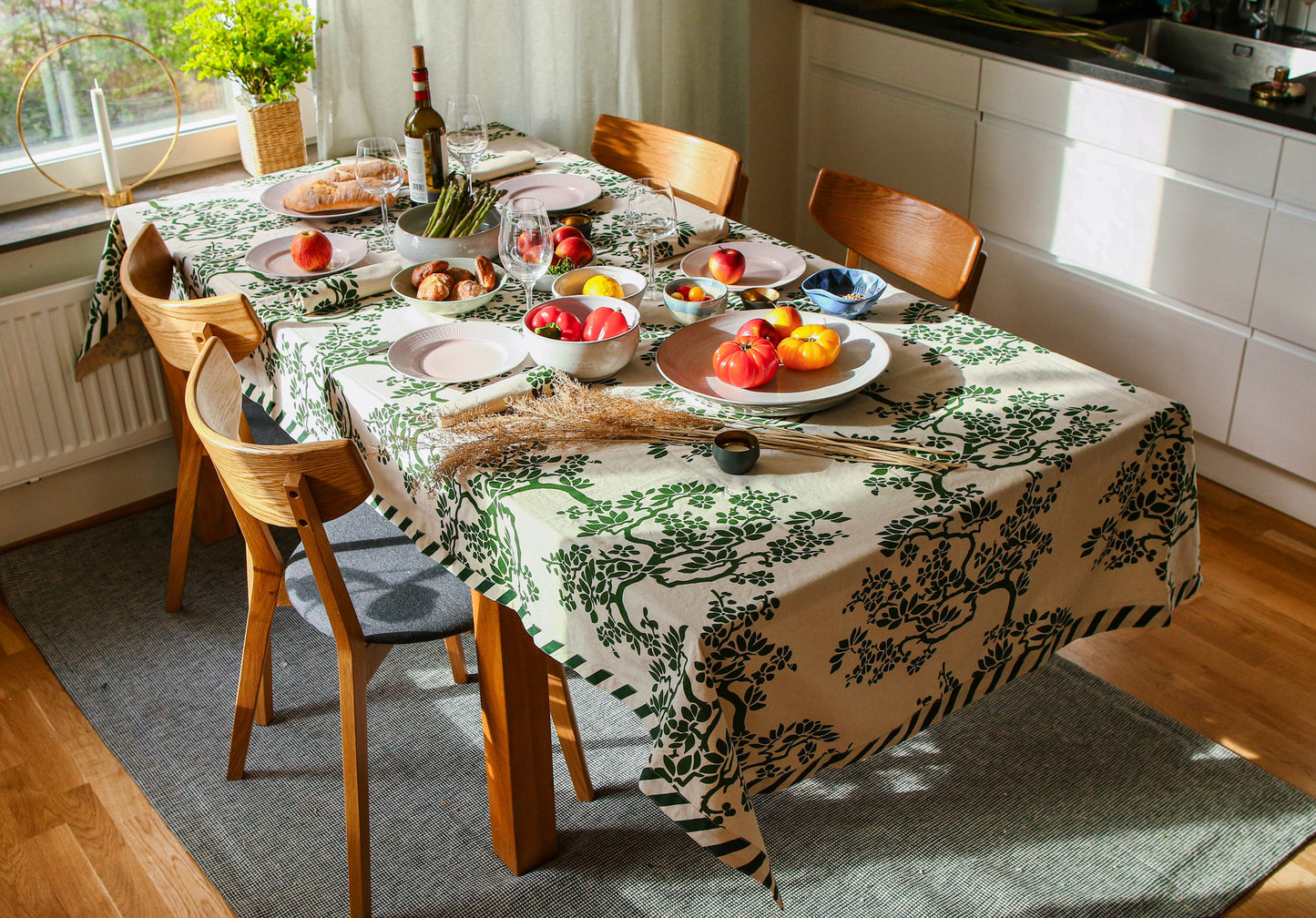 Tree Branches Table Cover - Dark Green - Organic White